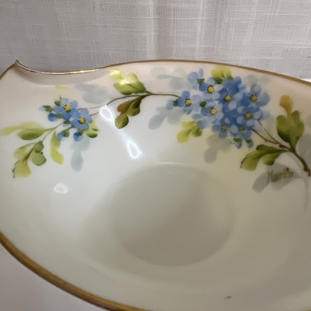 Vintage Handpainted Trinket Dish Signed Floral Design Gold Rim Cottagecore